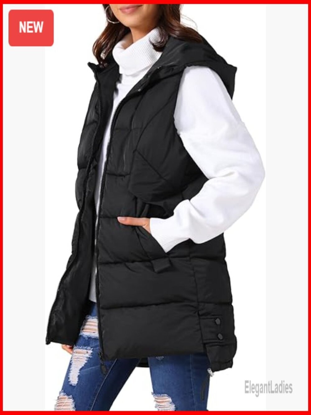 Long Hooded Puffer Vest Sleeveless Winter Down Jacket with Pockets